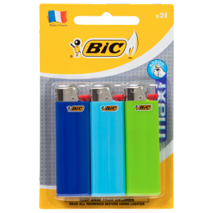 A blister pack of 3 bic disposable lighters